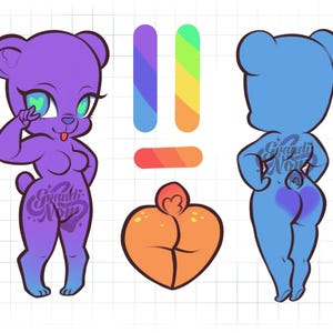 May include: Illustration of a cartoon bear in purple and blue gradient colors, with a tongue sticking out and a peace sign. The bear has a tattoo that says "Grandi Noir". There are also color swatches and a heart-shaped peach.