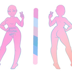 May include: A digital illustration of a female figure in a pink and blue gradient color scheme. The figure is shown from the front and back, with one hand raised in a peace sign. The illustration includes a color palette with shades of pink, blue, and white.
