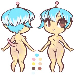 May include: Illustration of a cartoon alien character with light blue hair and a pink antenna. The character has a tan skin tone with yellow star-shaped markings. The image shows the character from the front and back.
