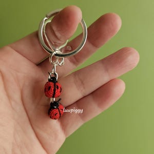 May include: A handmade keyring with two crocheted ladybugs in red and black. The ladybugs are attached to a silver-coloured keyring. The background is a solid green colour. The text "luvpiggy" is visible on the right side.