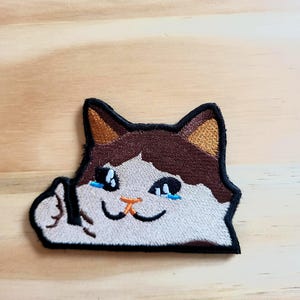 May include: Embroidered patch featuring a crying cat face with brown, tan, and black details. The cat's face has blue tears and a sad expression. The patch is on a light wood surface.