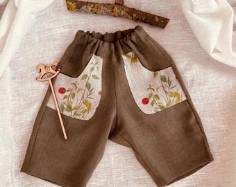 Pantalones cortos largos de lino verde oliva para niños pequeños, con bolsillos florales, talla 1-2 años, pantalones cortos infantiles hechos a mano.