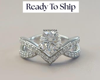1.10 CT Round Lab Grown Diamond Criss Cross 14K White Gold Engagement Ring