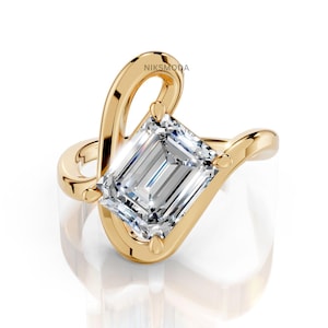 Emerald Cut Lab Grown Diamond Engagement Ring / 3 Carat Solitaire Unique Nested Curved Ring / 14K Gold Modern Minimalist Design