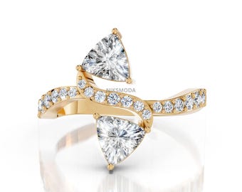 1.00 tcw Trillion Cut Lab Diamond Toi Et Moi Ring / 14K Gold Double Stone Engagement Ring / Wrap Shank Elegant Jewelry / Personalized Gift