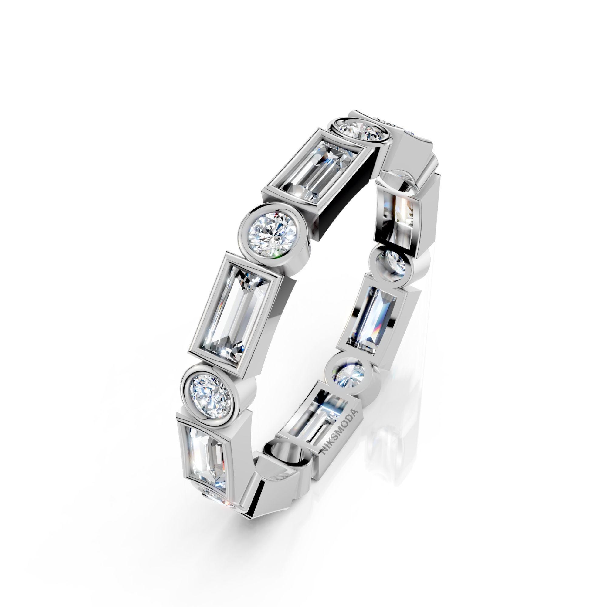 Round and Baguette Cut Diamond Wedding Band / 14K Solid Gold Bezel ...
