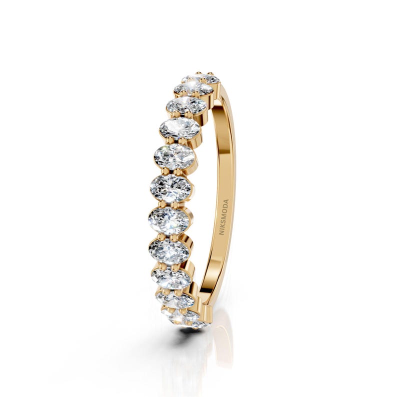 Oval Cut Lab Grown Diamond Wedding Band / 14K Yellow Gold Half Eternity ...