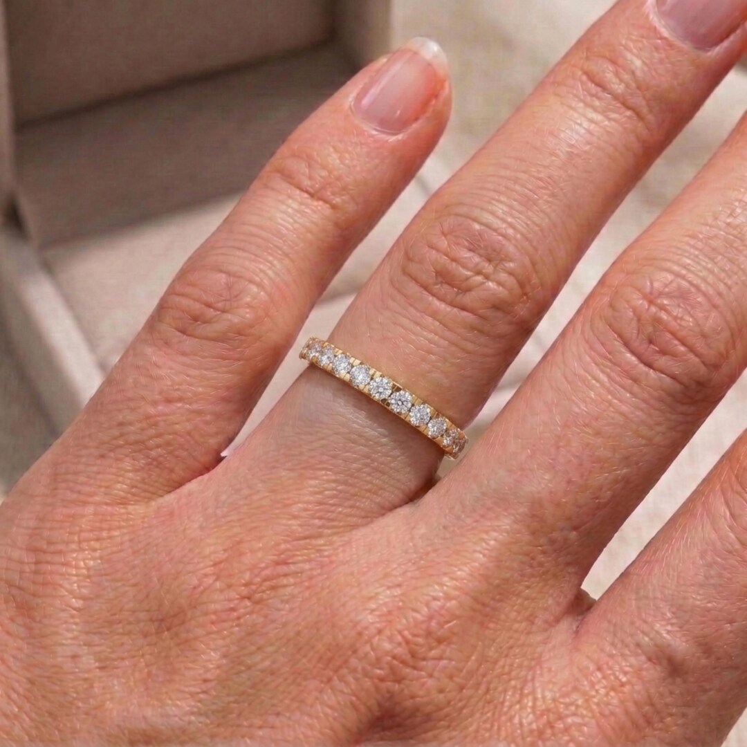 Micro Pave Lab Grown Diamond Wedding Band / 14K Solid Gold Half ...