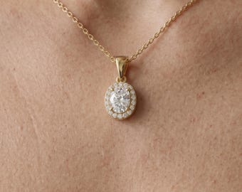 Cushion Cut 1 CT Lab Diamond Halo Pendant, 14K Gold
