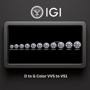 Op de afbeelding: Een display van rond geslepen diamanten, variërend van 0,50 tot 5,00 karaat, tegen een zwarte achtergrond. De diamanten zijn gelabeld met hun karaatgewicht. De tekst "IGI" en "D to G Color VVS to VS1" zijn ook zichtbaar.