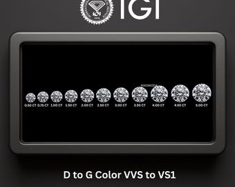May include: A selection of round-cut diamonds, displayed on a black background, with sizes from 0.50 to 5.00 ct. Each diamond is labelled with its carat weight. The image also features the text "IGI" and "D to G Color VVS to VS1".