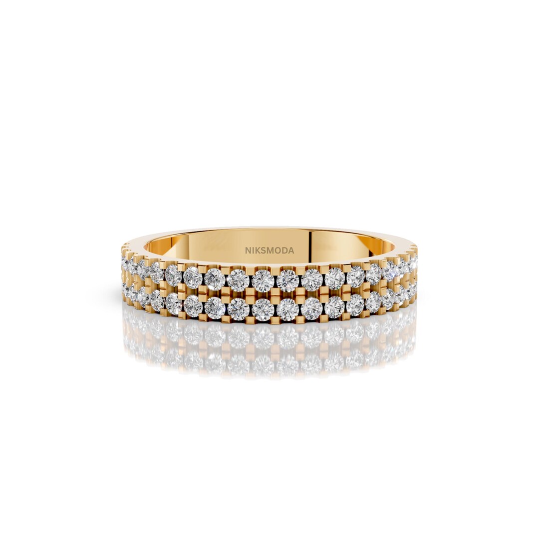 14k Gold Double Row Pave Diamond Wedding Band/ Half Eternity Matching ...