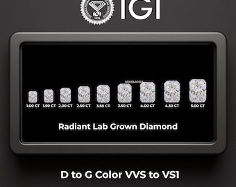 May include: A display of radiant lab-grown diamonds, ranging from 1.00 to 5.00 carats, set against a black background. The diamonds are labeled with their carat weight and are described as D to G color VVS to VS1. The IGI logo is at the top.