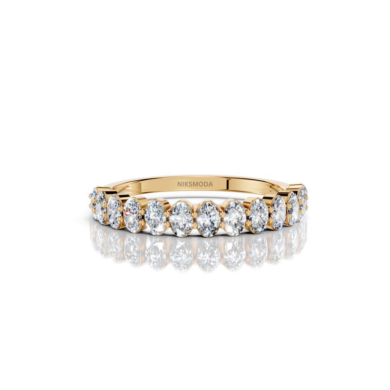 Oval Cut Lab Grown Diamond Wedding Band / 14K Yellow Gold Half Eternity ...