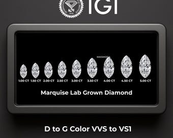 Könnte beinhalten: Darstellung von Labor-Diamanten im Marquise-Schliff, von 1,00 bis 5,00 Karat, mit Farbe D bis G und Reinheit VVS bis VS1. Das Bild enthält das IGI-Logo und den Text "Marquise Lab Grown Diamond".