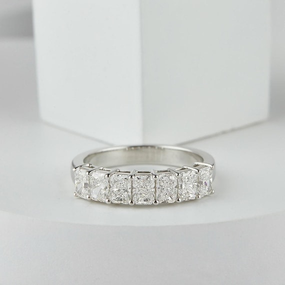 Radiant Cut Lab Grown Diamond Half Eternity Band / 14K Solid White Gold Wedding Band