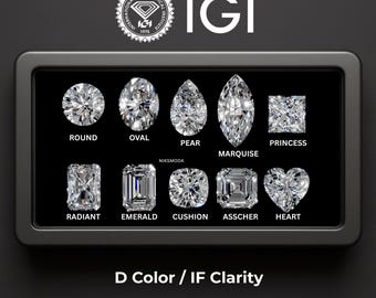 May include: A display of diamond cuts, including round, oval, pear, marquise, princess, radiant, emerald, cushion, asscher, and heart shapes. The image features the IGI logo and text indicating D color and IF clarity.