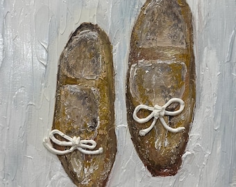 Pintura original de zapatillas de ballet de pan, arte culinario con impasto, arte de baguette texturizada, decoración de cocina