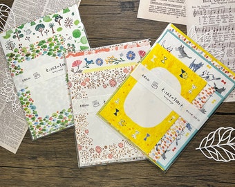 Japanse mino-washi brievenschrijfset | Bos-, kat- en bloemmotieven