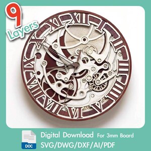 May include: A wooden clock with a layered design, featuring Roman numerals and visible gears. The clock has a dark brown outer ring and light brown inner details. The image includes the text "9 Layers" and "Digital Download For 3mm Board".