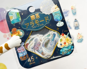 Pegatinas de cafetería japonesa, sello dorado, pegatinas para planificador de álbumes de recortes