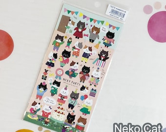 May include: A sheet of colourful stickers featuring cute cartoon cats dressed in party attire. The stickers include phrases like "Neko Party" and "For You".