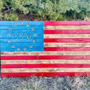 Large Rustic Wooden 1776 American Flag, handcrafted patriotic wall decor for home, office, business, game room, man cave, garage and more!