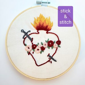 Sacred Heart of Mary Stick & Stitch Pattern, Sacred Heart Embroidery Design, Catholic Embroidery Beginner/Intermediate Pattern, Our Lady