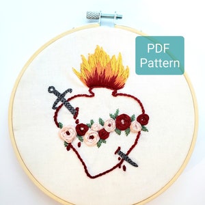 Sacred Heart of Mary PDF Pattern, Sacred Heart Embroidery Design, Catholic Embroidery Intermediate Pattern, Catholic Design