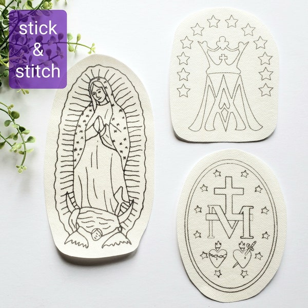 Marian Symbols stick and stitch pack, Catholic Embroidery Designs, Our Lady of Guadalupe, Miraculous Medal Embroidery Pattern