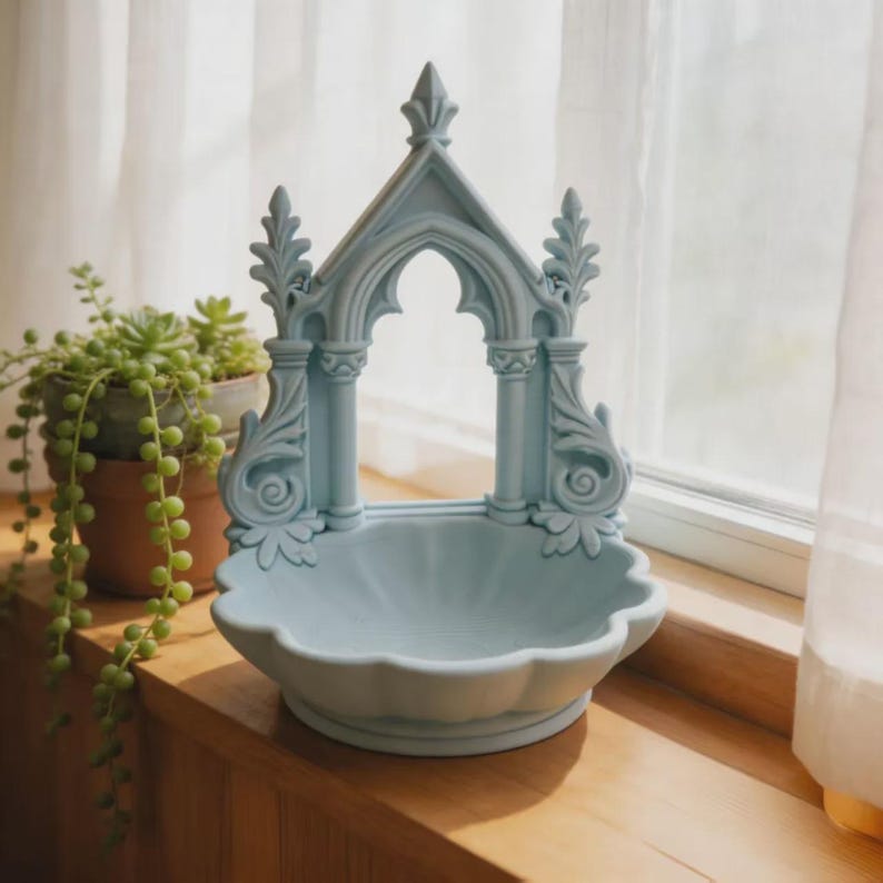 Blue Gothic Arch Jewelry Tray With Shell Bowl and Ornate Detail - Etsy UK
