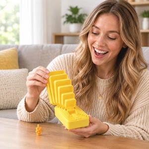 Op de afbeelding: Een set in elkaar grijpende gele rechthoekige bakjes die als een waaier openen, met een reeks oplopende maten van groot naar klein. Een klein, los geel figuurtje dat een hand met een opgestoken middelvinger voorstelt, staat ernaast.