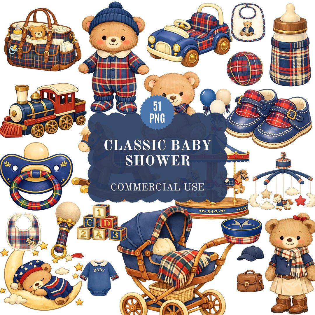 Classic Baby Shower PNG Clipart Bundle, Teddy Bear Blue, Printable ...
