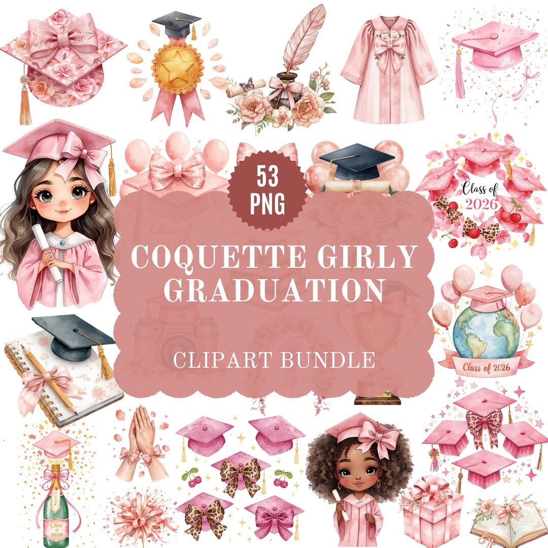 Coquette Graduation PNG Clipart Bundle | Pink Watercolor Grad Cap Bow ...