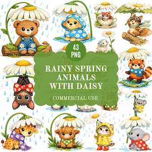 May include: A digital illustration featuring various animals, including a bear, dog, and cat, under daisy umbrellas. The image has a rainy spring theme with the text "Rainy Spring Animals with Daisy" and "Commercial Use".