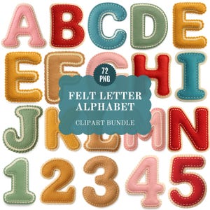 Puede incluir: Una colección de letras y números de fieltro de colores, incluyendo el alfabeto de la A a la N y los números del 1 al 5. Cada letra y número es de un color diferente, con un borde cosido blanco. La imagen también incluye el texto "FELT LETTER ALPHABET CLIPART BUNDLE".
