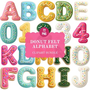 Donut Alfabet PNG Clipart Bundle, Bokstäver & Siffror Filt Tyg Barnfestpyssel (Digital Nedladdning)