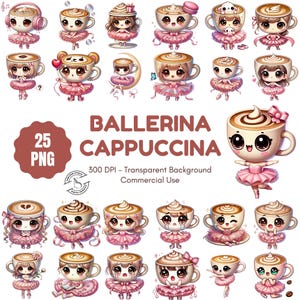Pacote de Cliparts de Cappuccino de Bailarina: PNGs de Café Kawaii (Uso Comercial, Download Digital)