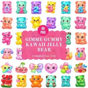 May include: A collection of colorful, cartoon-style gummy bear illustrations. The bears are in various colors, some holding numbers, hearts, or other objects. The image includes the text "Gimme Gummy Kawaii Jelly Bear" and "Commercial Use".