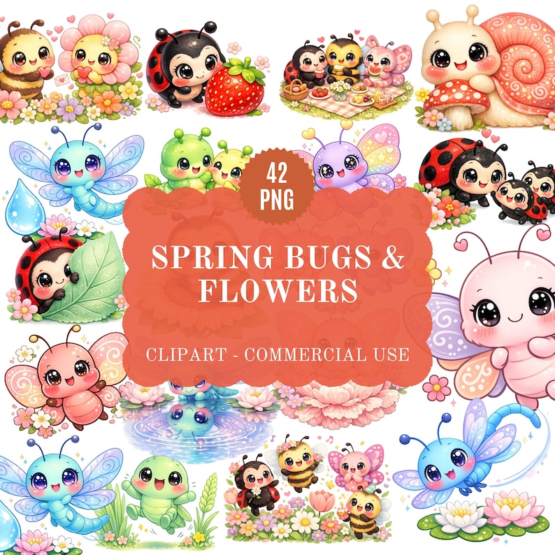 Spring Cartoon Bugs Spring Bugs & Flowers PNG Clipart Bundle | 42 Kawaii Insect ...