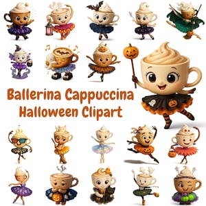 Conjunto de clipart de xícara de café de Halloween com cappuccino de bailarina: canecas de bruxa bailarina PNG para download digital