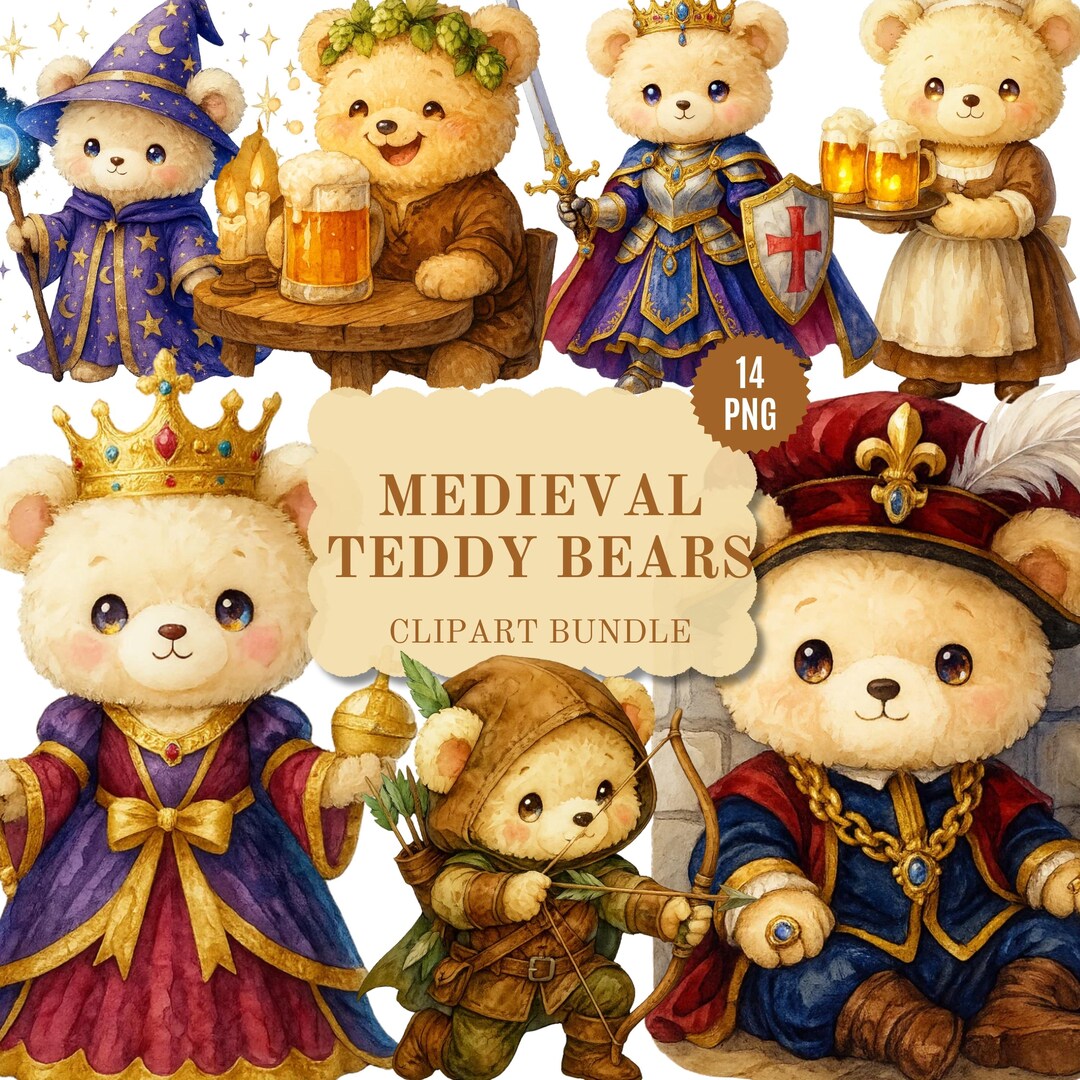 Medieval Teddy Bear PNG Clipart Bundle, Wizard Knight Fantasy Scrapbook ...