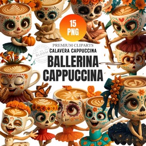 Bailarina Cappuccina PNG, Arte de Caveira de Açúcar, 15 Cliparts Assustadores e Fofos de Café, Adesivos de Outono, Brainrot Italiano, Uso Comercial