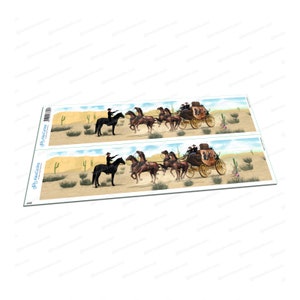 May include: Two illustrations of a stagecoach being pulled by six horses with a cowboy on horseback in front. The stagecoach is brown with a black top and the horses are brown. The cowboys are wearing brown hats and brown jackets. The background is a desert scene with cacti and sand.