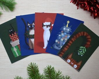 5 Cat Christmas Cards with envelopes