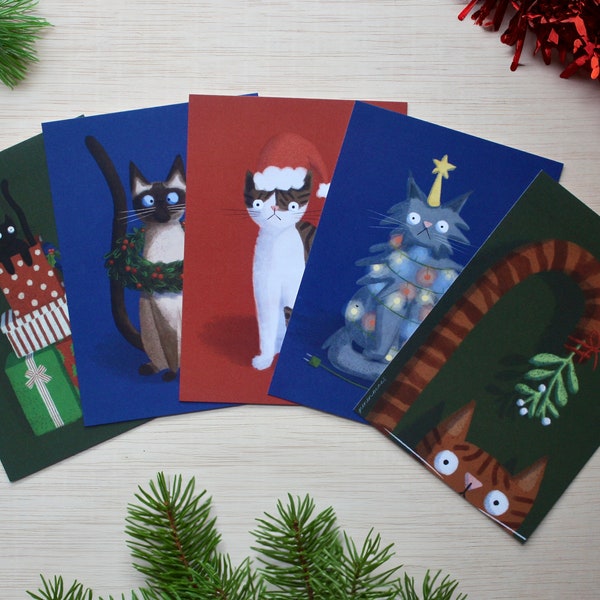 5 Cat Christmas Cards with envelopes