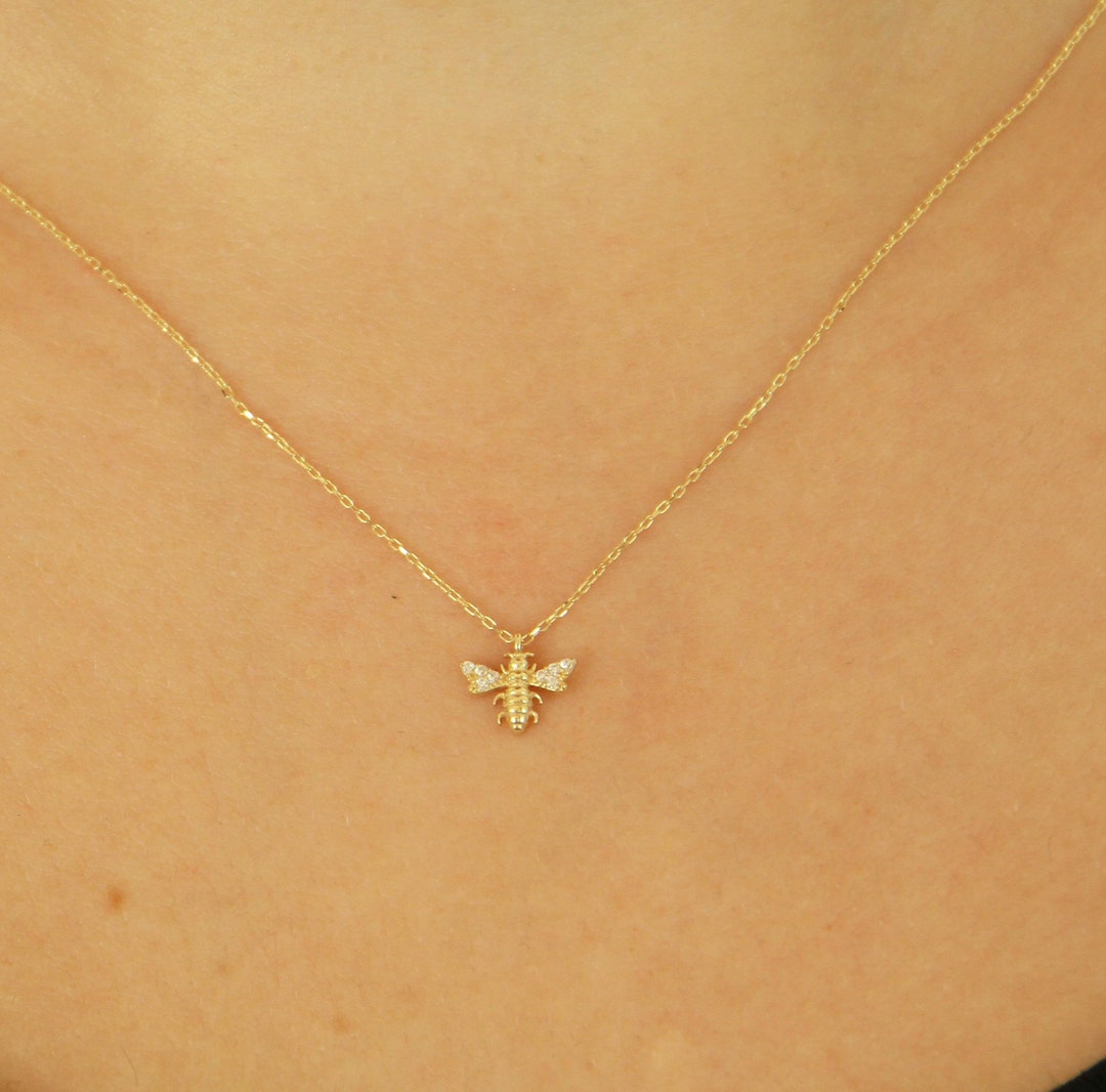 Tiny 14k Solid Gold Bee Necklace 14k Solid Gold Bee Charm Etsy