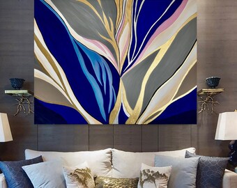 XXL Abstract Art Canvas Picture Painting Large Blue Gold Mural Minimalism Modern Art Gift Mother's Day