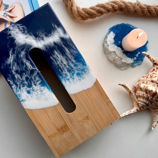 Kosmetiktuchbox Taschentuchbox Resin Epoxidharz Deko Tissue Box Tücher Wohnzimmer Schlafzimmer Badezimmer Wellen Ozean Meer Weihnachten