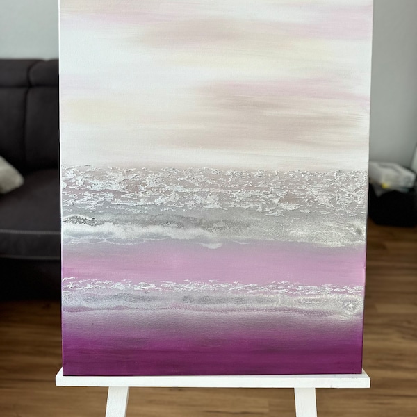 Abstrakte Kunst Leinwand Bild Gemälde Malerei klare Linien Wandbild Minimalismus moderne Kunst Geschenk Streifen Silber Horizont